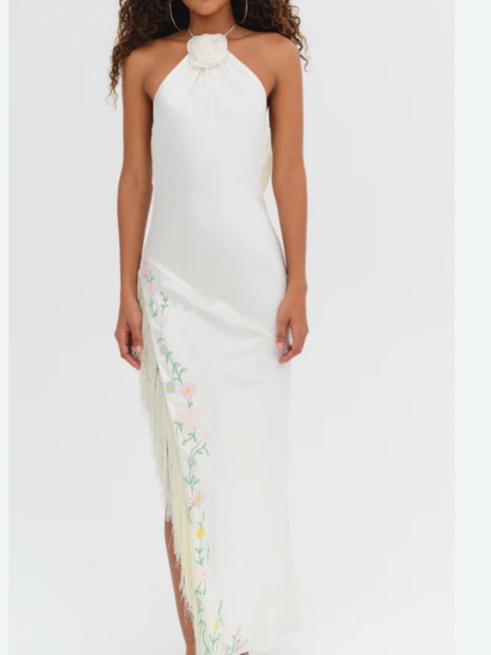 For Love And Lemons Cream Asymmetrical Floral-Trim Halter Dress - Picture 2 of 7